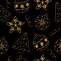 Seamless golden christmas balls christmas tree cookies on black background vector illustration Royalty Free Stock Photo